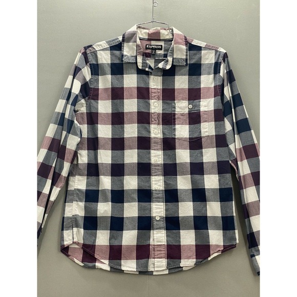 EXPRESS Button Down Mens M Multicolor Plaid Long Sleeve Casual Pocketed Shirt - Picture 10 of 12
